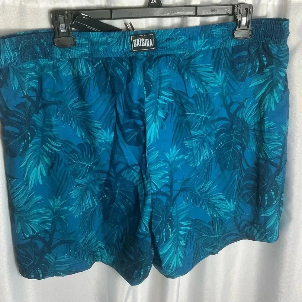 Brisira Mens Tropical Swim Trunks Blue Palm Print Quick Dry Lined 9” Inseam